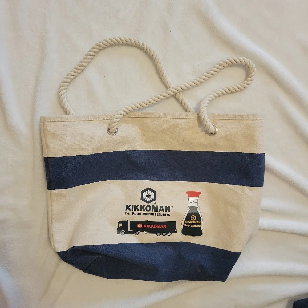 Kikkoman Canvas Rope Handle Tote Bag Navy Stripe Farmers Market Beach